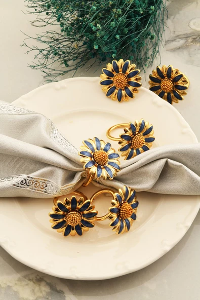 TR Turan Collection PAPATYA 6'lı Gold Lüks Peçete Halkası, Mavi Mineli Çiçek Model Peçete Yüzüğü - 3