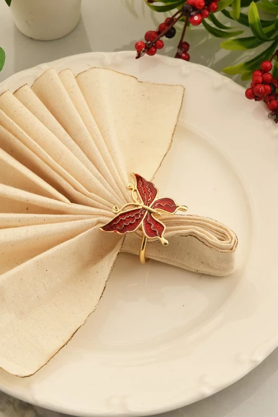 TR Turan Collection BUTTERFLY 6'lı Gold Lüks Peçete Halkası, Kırmızı Mineli Kelebek Peçete Yüzüğü - 6
