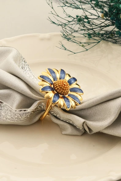 TR Turan Collection PAPATYA 6'lı Gold Lüks Peçete Halkası, Mavi Mineli Çiçek Model Peçete Yüzüğü - 6