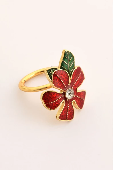 TR Turan Collection TAŞLI ÇİÇEK 6'lı Gold Lüks Peçete Halkası, Kırmızı Mineli Çiçek Dekorlu Peçete Yüzüğü - 7