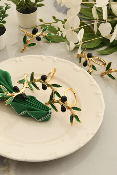 TR Turan Collection ZEYTİN DALI 6'lı Gold Lüks Peçete Halkası, Yeşil-Siyah Mineli Zeytin Dekorlu Peçete Yüzüğü - 3