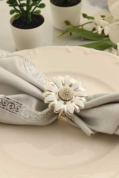 TR Turan Collection PAPATYA 6'lı Gümüş Renk Lüks Peçete Halkası, Beyaz Mineli Çiçek Model Peçete Yüzüğü - 6