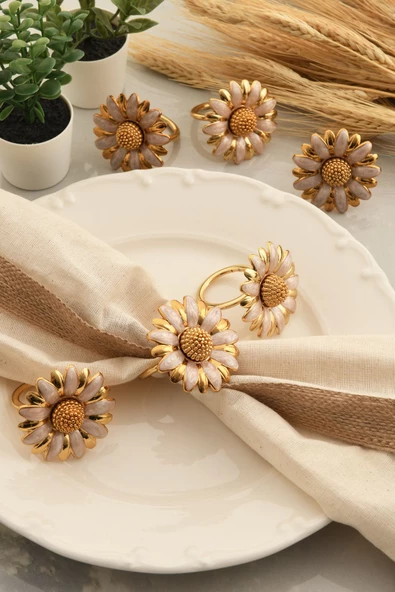 TR Turan Collection PAPATYA 6'lı Gold Lüks Peçete Halkası, Krem Renk Mineli Çiçek Model Peçete Yüzüğü - 2
