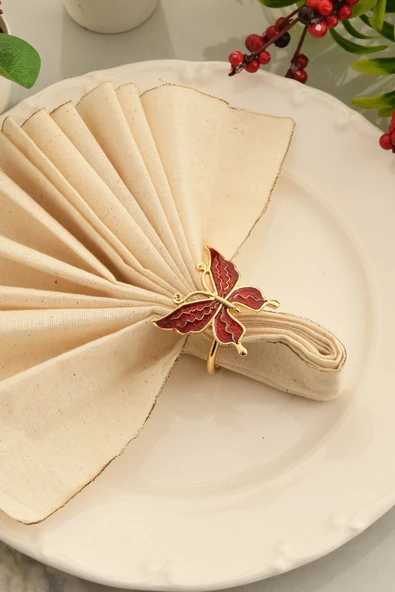 TR Turan Collection BUTTERFLY 6'lı Gold Lüks Peçete Halkası, Kırmızı Mineli Kelebek Peçete Yüzüğü - 4