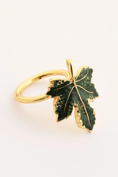 TR Turan Collection ÇINAR Yaprağı 6'lı Gold Lüks Peçete Halkası, Yeşil Mineli Yaprak Dekorlu Peçete Yüzüğü - 6