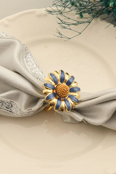 TR Turan Collection PAPATYA 6'lı Gold Lüks Peçete Halkası, Mavi Mineli Çiçek Model Peçete Yüzüğü - 4