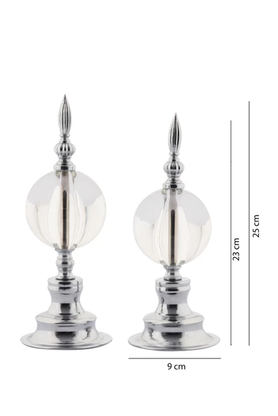 TR Turan Collection ALEM BİBLO 2'li Dekoratif Metal Kristal Cam Küre Biblo Gümüş Renk - 5