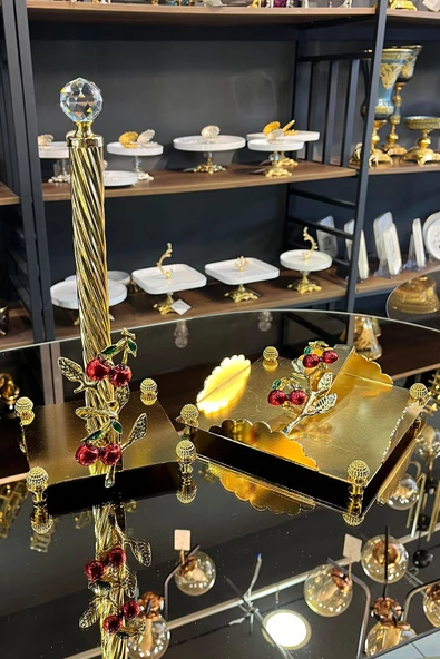 TR Turan Collection 2'li Metal Gold Peçetelik Seti, Kiraz Dekorlu Şık Peçetelik-Havlukağıtlık Set - 2