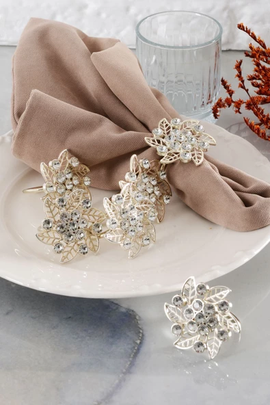 TR Turan Collection BROŞ 6'lı Gümüş Lüks Peçete Halkası, Çiçek Model Kristal Taşlı Peçete Yüzüğü - 2