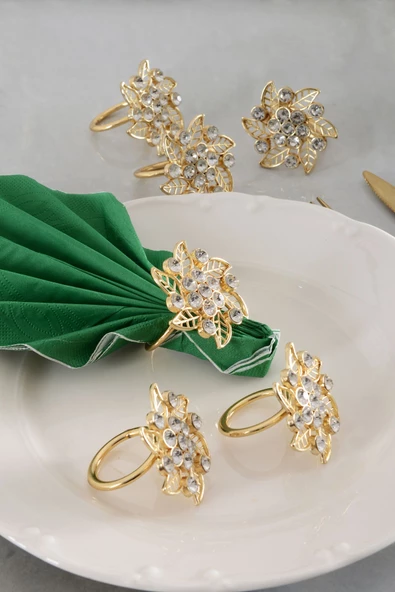 TR Turan Collection BROŞ 6'lı Gold Lüks Peçete Halkası, Çiçek Model Kristal Taşlı Peçete Yüzüğü - 5