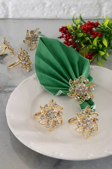TR Turan Collection BROŞ 6'lı Gold Lüks Peçete Halkası, Çiçek Model Kristal Taşlı Peçete Yüzüğü - 4