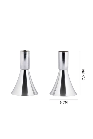 TR Turan Collection PURE 2'li Şamdan Seti Küçük Gümüş Renk Dekoratif Metal Mumluk - 5