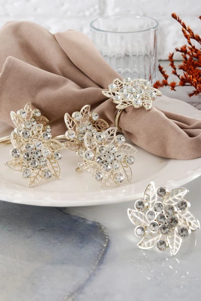 TR Turan Collection BROŞ 6'lı Gümüş Lüks Peçete Halkası, Çiçek Model Kristal Taşlı Peçete Yüzüğü - 5