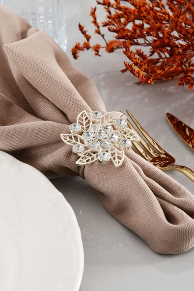 TR Turan Collection BROŞ 6'lı Gümüş Lüks Peçete Halkası, Çiçek Model Kristal Taşlı Peçete Yüzüğü - 3