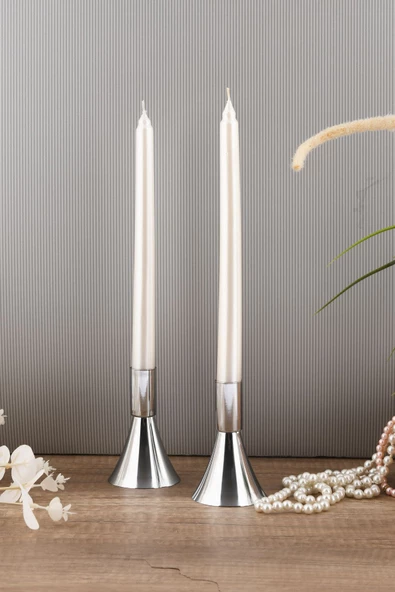 TR Turan Collection PURE 2'li Şamdan Seti Küçük Gümüş Renk Dekoratif Metal Mumluk