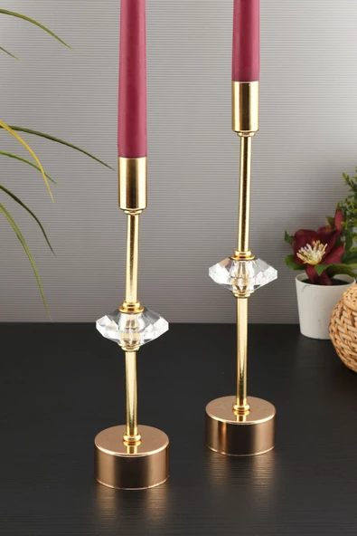 TR Turan Collection CONTES 2'li Lüks Şamdan Kristal Dekorlu Gold Kaplama Metal Mumluk - 5