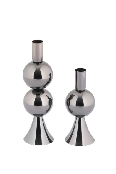 TR Turan Collection ELİT 2'li Şamdan Seti Orta-Küçük Platin Renk Dekoratif Metal Mumluk - 4