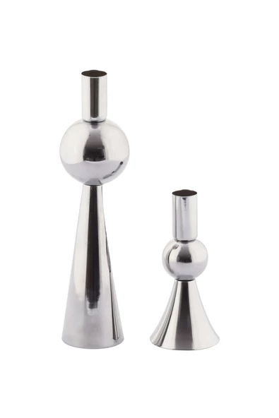 TR Turan Collection 2'li Metal Şamdan Gümüş Renk, Ev Dekorasyon 2'li Geometrik Mumluk - 4