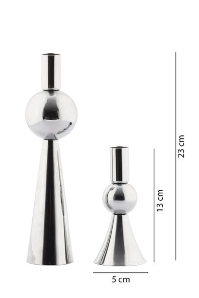 TR Turan Collection 2'li Metal Şamdan Gümüş Renk, Ev Dekorasyon 2'li Geometrik Mumluk - 5