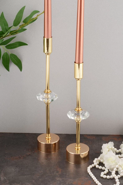 TR Turan Collection CONTES 2'li Lüks Şamdan Kristal Dekorlu Gold Kaplama Metal Mumluk - 4