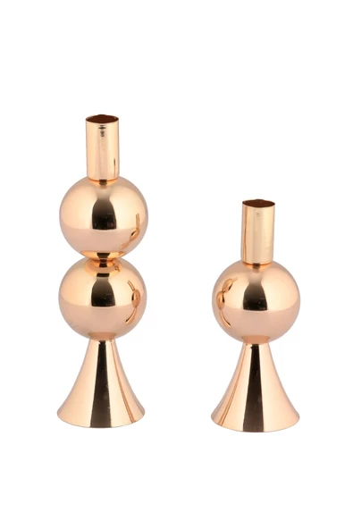 TR Turan Collection ELİT 2'li Şamdan Seti Orta-Küçük Gold Renk Dekoratif Metal Mumluk - 4