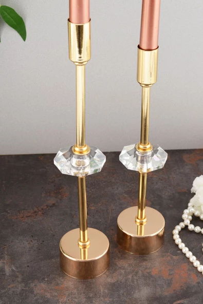 TR Turan Collection CONTES 2'li Lüks Şamdan Kristal Dekorlu Gold Kaplama Metal Mumluk - 6