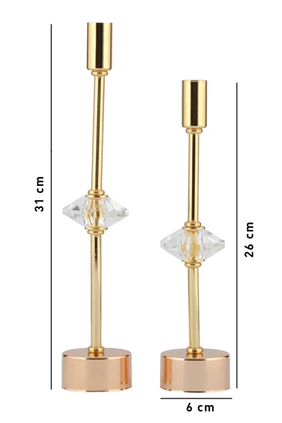 TR Turan Collection CONTES 2'li Lüks Şamdan Kristal Dekorlu Gold Kaplama Metal Mumluk - 7