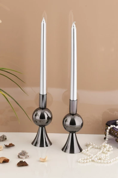 TR Turan Collection Pare 2'li Şamdan Seti Küçük Platin Renk Dekoratif Metal Mumluk - 3
