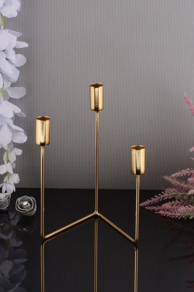 TR Turan Collection 3'lü Şamdan Gold Kaplama Üçgen Model Metal Mumluk - 3