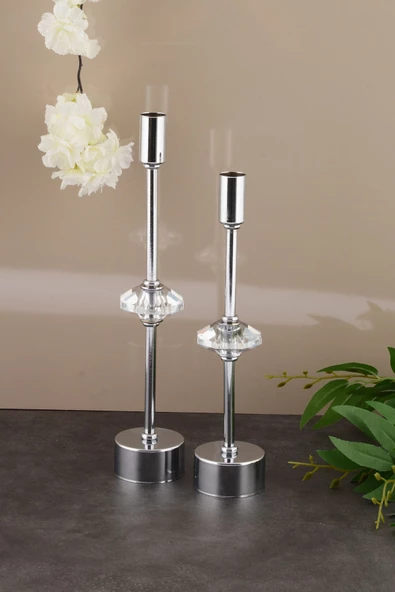 TR Turan Collection CONTES 2'li Lüks Şamdan Kristal Dekorlu Gümüş Kaplama Metal Mumluk - 6