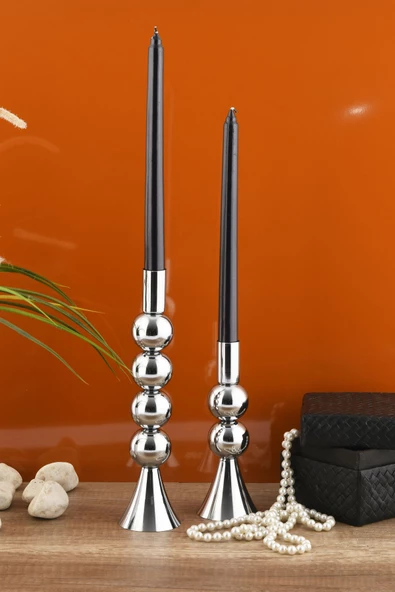 TR Turan Collection SARE 2'li Şamdan Seti Gümüş Renk Dekoratif Metal Mumluk, 4-2 TOP