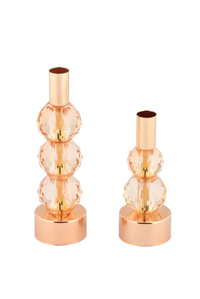 TR Turan Collection HORİZON 2'li Şamdan Seti Gold Renk Amber Kristal Görünümlü Dekoratif Metal Mumluk - 5