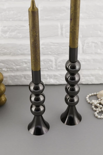 TR Turan Collection SARE 2'li Şamdan Seti Platin Renk Dekoratif Metal Mumluk - 3