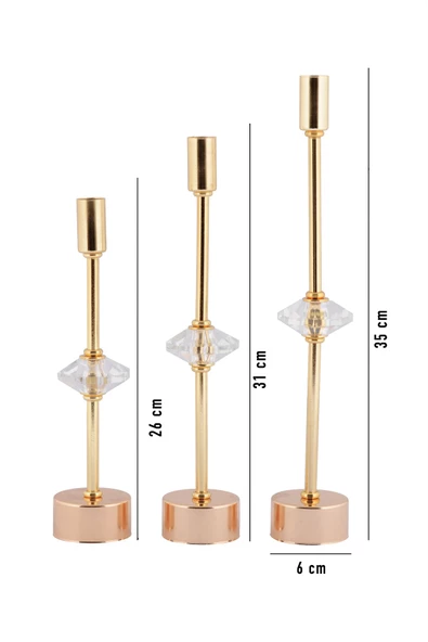 TR Turan Collection CONTES 3'lü Lüks Şamdan Kristal Dekorlu Gold Kaplama Metal Mumluk - 5