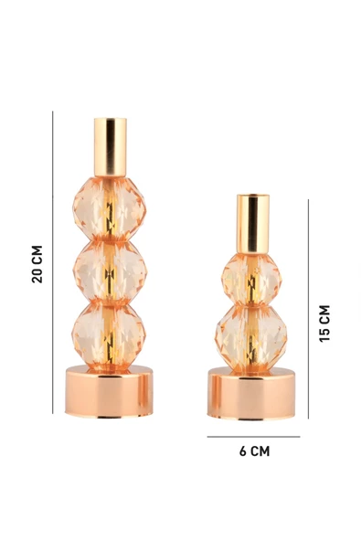 TR Turan Collection HORİZON 2'li Şamdan Seti Gold Renk Amber Kristal Görünümlü Dekoratif Metal Mumluk - 6