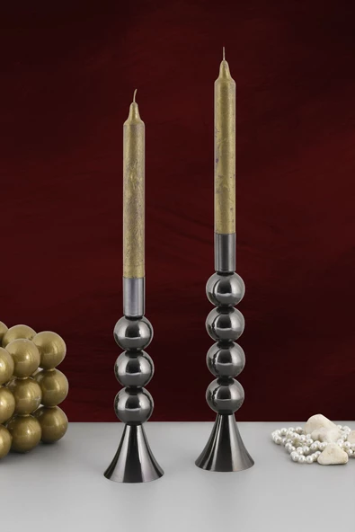 TR Turan Collection SARE 2'li Şamdan Seti Platin Renk Dekoratif Metal Mumluk - 4