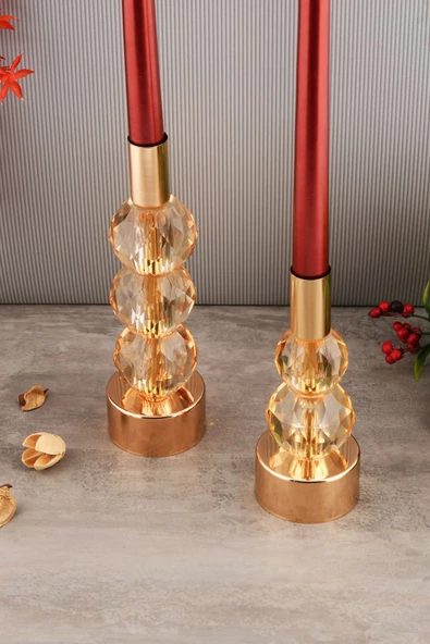 TR Turan Collection HORİZON 2'li Şamdan Seti Gold Renk Amber Kristal Görünümlü Dekoratif Metal Mumluk - 3