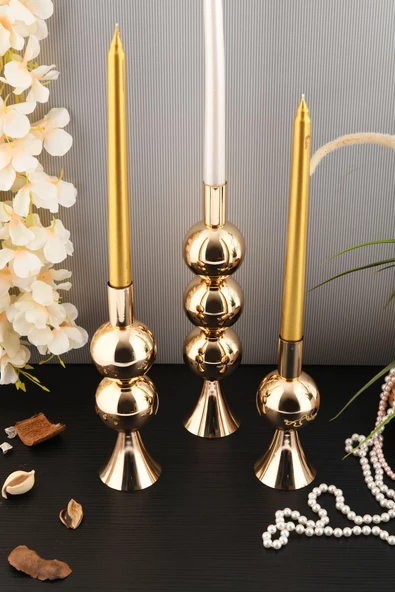 TR Turan Collection ELİT 3'lü Şamdan Seti Gold Renk Dekoratif Metal Mumluk - 3