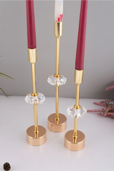 TR Turan Collection CONTES 3'lü Lüks Şamdan Kristal Dekorlu Gold Kaplama Metal Mumluk - 2