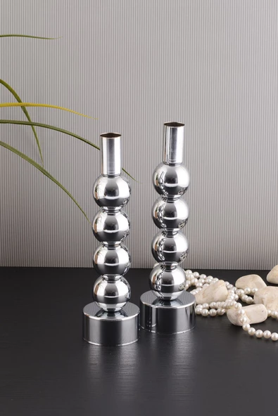 TR Turan Collection ESİN 2'li Şamdan Gümüş Kaplama Dekoratif Metal Mumluk BB - 3