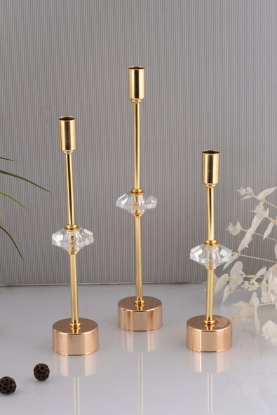 TR Turan Collection CONTES 3'lü Lüks Şamdan Kristal Dekorlu Gold Kaplama Metal Mumluk - 3