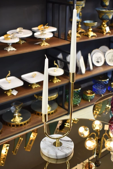 TR Turan Collection Altın 2'li Mermer Tabanlı Gold Şamdan,Şık Mermer Metal Mumluk 1 Metal - 2