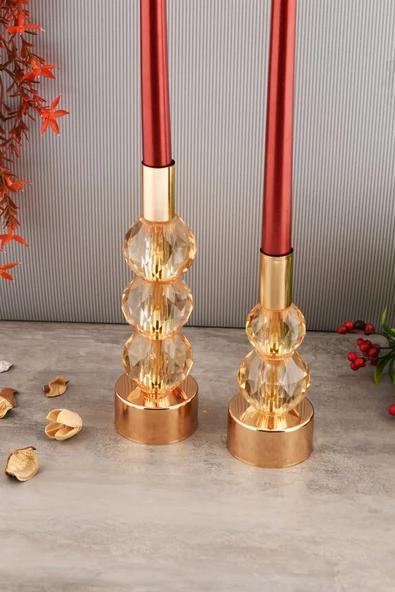TR Turan Collection HORİZON 2'li Şamdan Seti Gold Renk Amber Kristal Görünümlü Dekoratif Metal Mumluk - 4