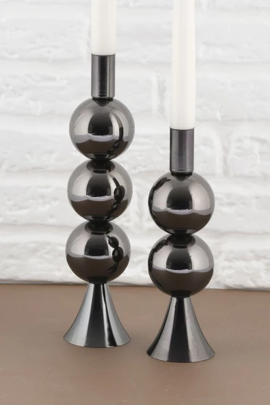 TR Turan Collection ELİT 2'li Şamdan Seti Platin Renk Dekoratif Metal Mumluk - 3