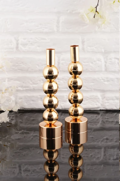 TR Turan Collection ESİN 2'li Şamdan Gold Kaplama Dekoratif Metal Mumluk BB - 3