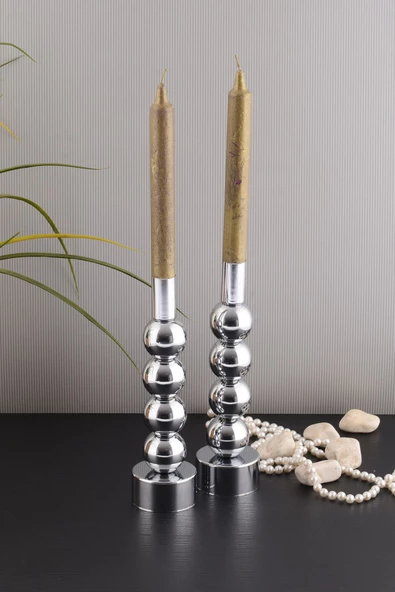 TR Turan Collection ESİN 2'li Şamdan Gümüş Kaplama Dekoratif Metal Mumluk BB