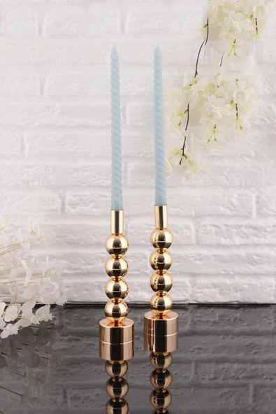 TR Turan Collection ESİN 2'li Şamdan Gold Kaplama Dekoratif Metal Mumluk BB - 2