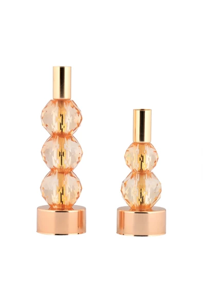 TR Turan Collection HORİZON 2'li Şamdan Seti Gold Renk Amber Kristal Görünümlü Dekoratif Metal Mumluk - 7