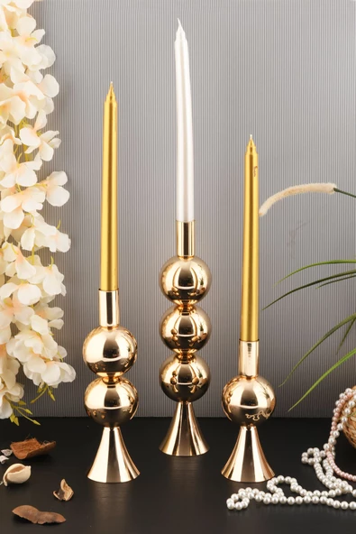 TR Turan Collection ELİT 3'lü Şamdan Seti Gold Renk Dekoratif Metal Mumluk - 2