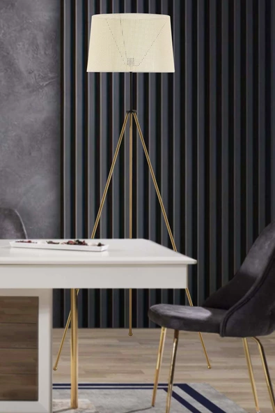 TR Turan Collection TRİA Eskitme Lambader Krem Başlık, Klasik Model Metal Üç Ayaklı Lambader - 2